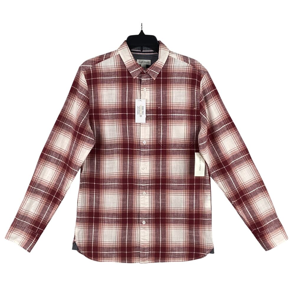 Sun + Stone Shirt Men's Small Woven Long Sleeve Button Up Raspberry Plaid NWT